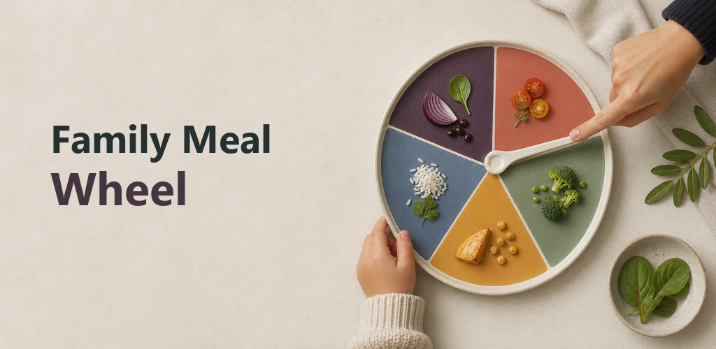Family Meal Wheel meal-choice wheel with a calm family-focused design